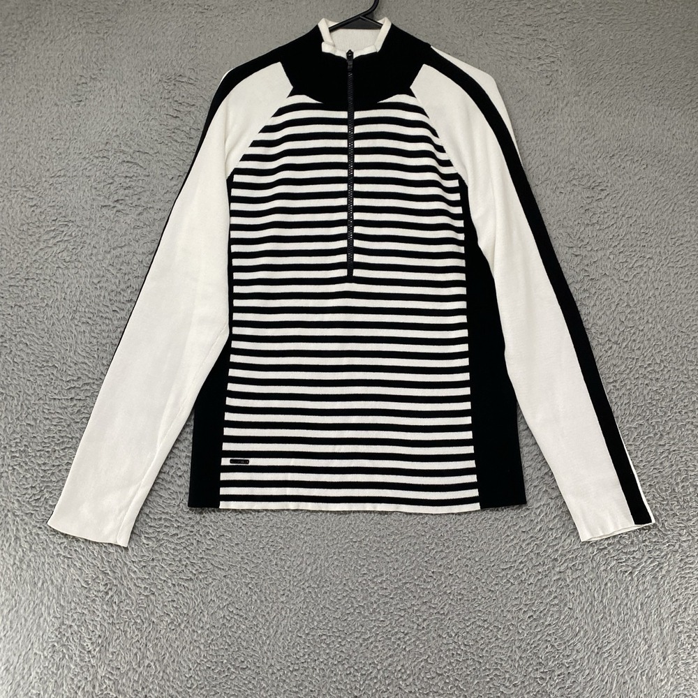 Lauren Ralph Lauren Sweater Womens XL Black White Striped 1/2 Zip Mock Neck Knit